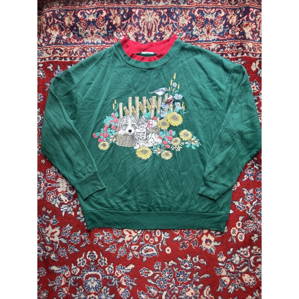 Vintage 90s Crewneck Sweatshirt Size Medium Cat Dog Bird Sunflower Grandmacore